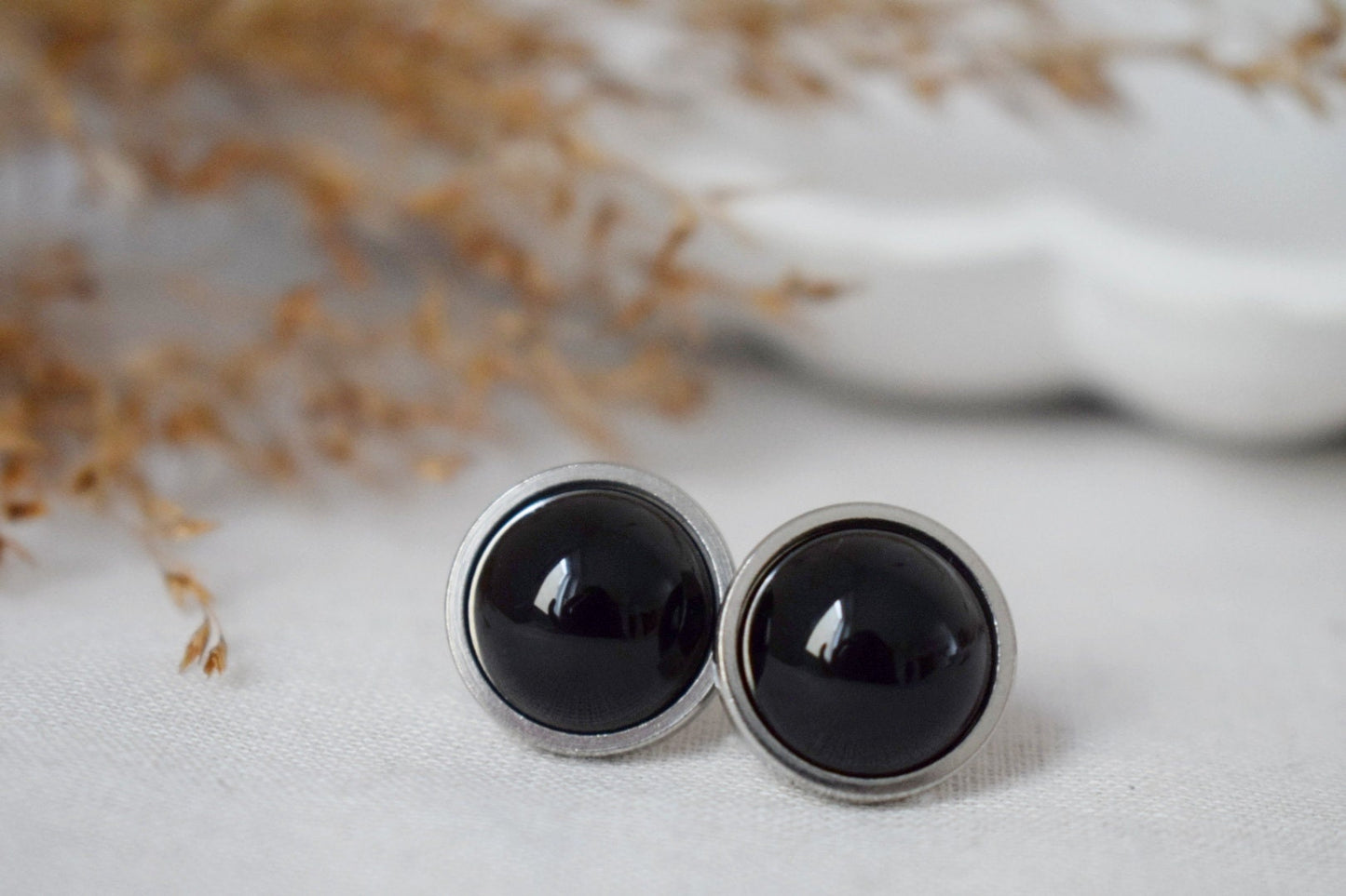 Black agate studs, round gemstone,  unisex push back earrings, gothic jewelry, post back earrings, gift for her