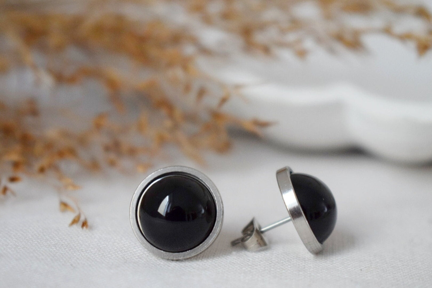 Black agate studs, round gemstone,  unisex push back earrings, gothic jewelry, post back earrings, gift for her