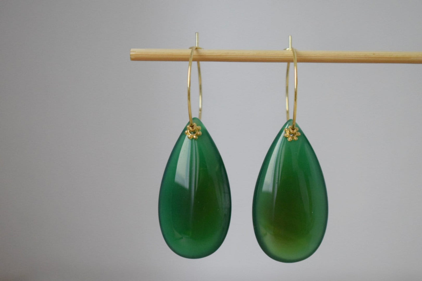 Natural green agate hoop earrings 18k gold plated stainless steel, Long teardrop gemstone earrings, Handmade jewelry gift