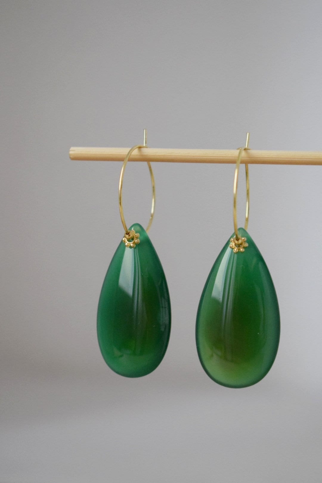 Natural green agate hoop earrings 18k gold plated stainless steel, Long teardrop gemstone earrings, Handmade jewelry gift