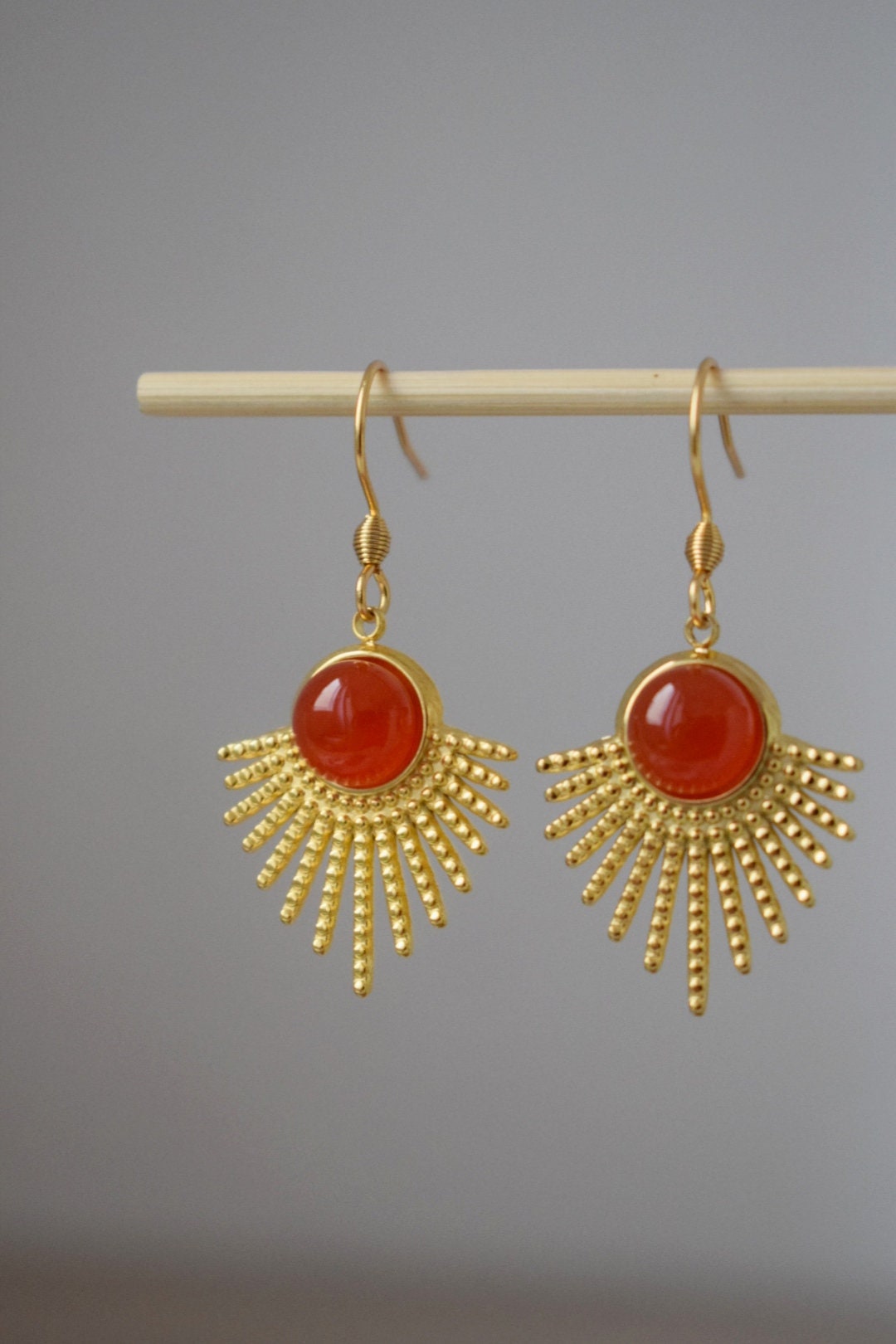 Red agate earrings with 18k gold plated stainless steel sun rays pendant and stainless steel earrings hooks, Sunburst, Celestial jewelry