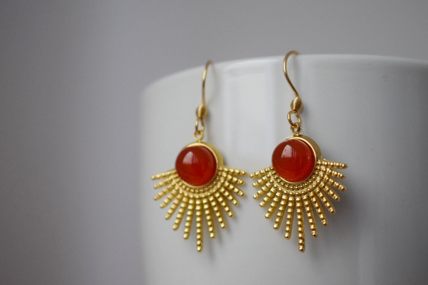 Red agate earrings with 18k gold plated stainless steel sun rays pendant and stainless steel earrings hooks, Sunburst, Celestial jewelry