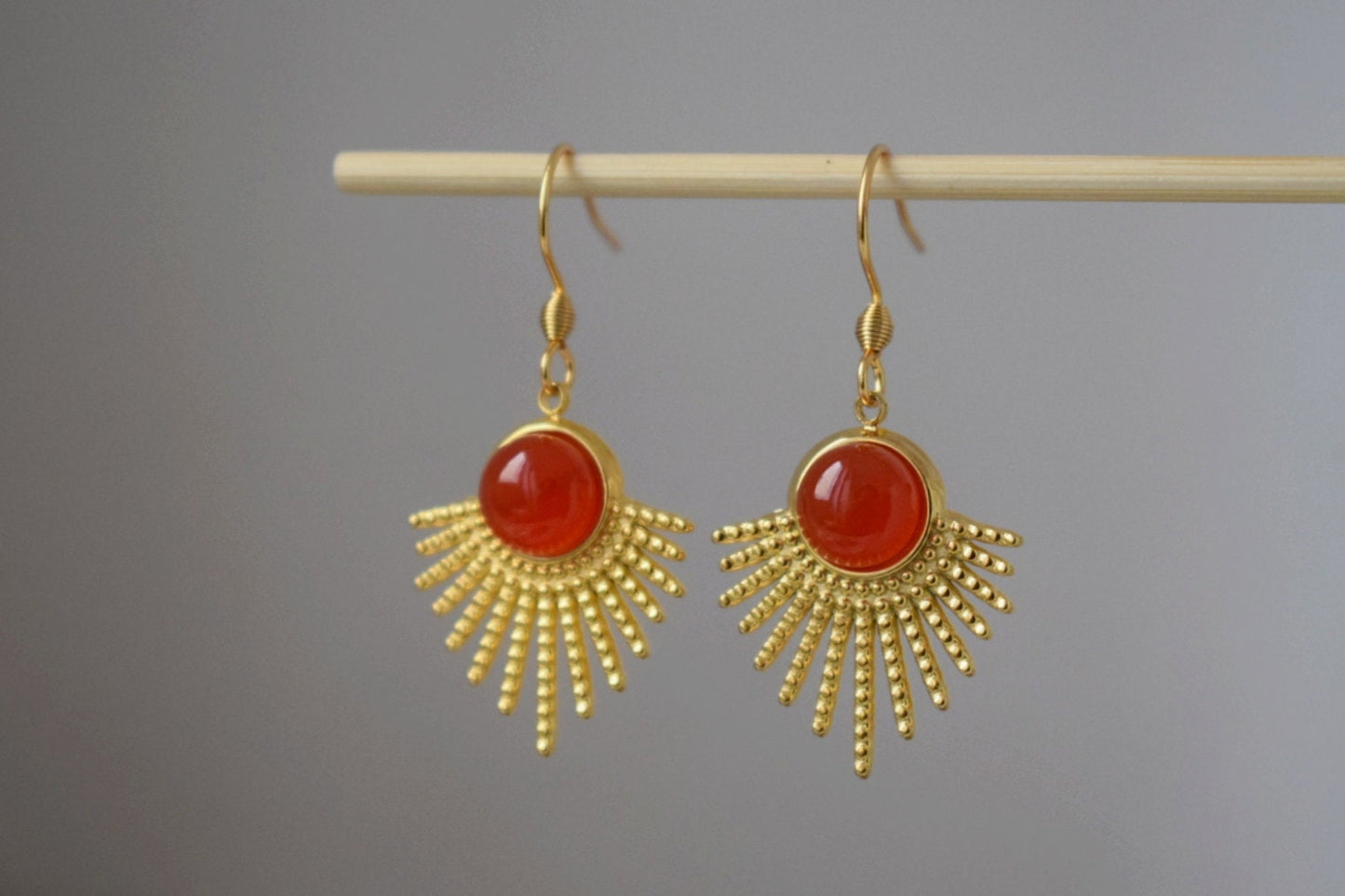 Red agate earrings with 18k gold plated stainless steel sun rays pendant and stainless steel earrings hooks, Sunburst, Celestial jewelry