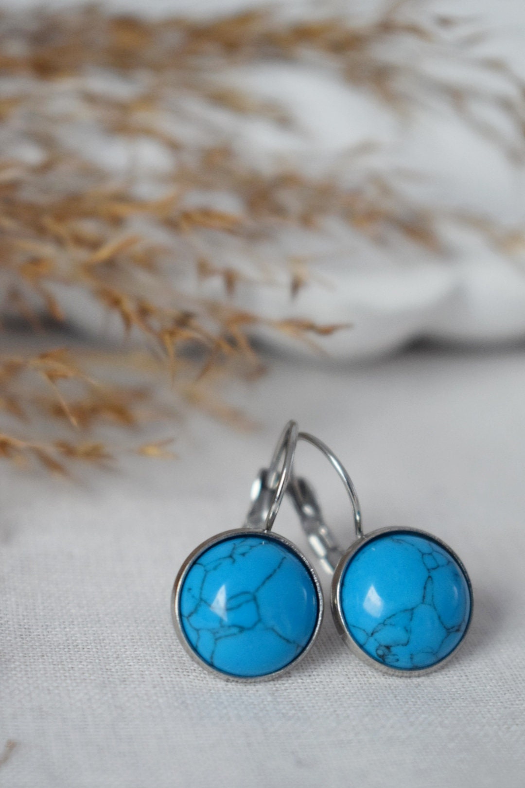 Turquoise Dangle Earrings 12mm Round Gemstone Stainless Steel Lever Back, Unisex Jewelry GiftBest christmas gift