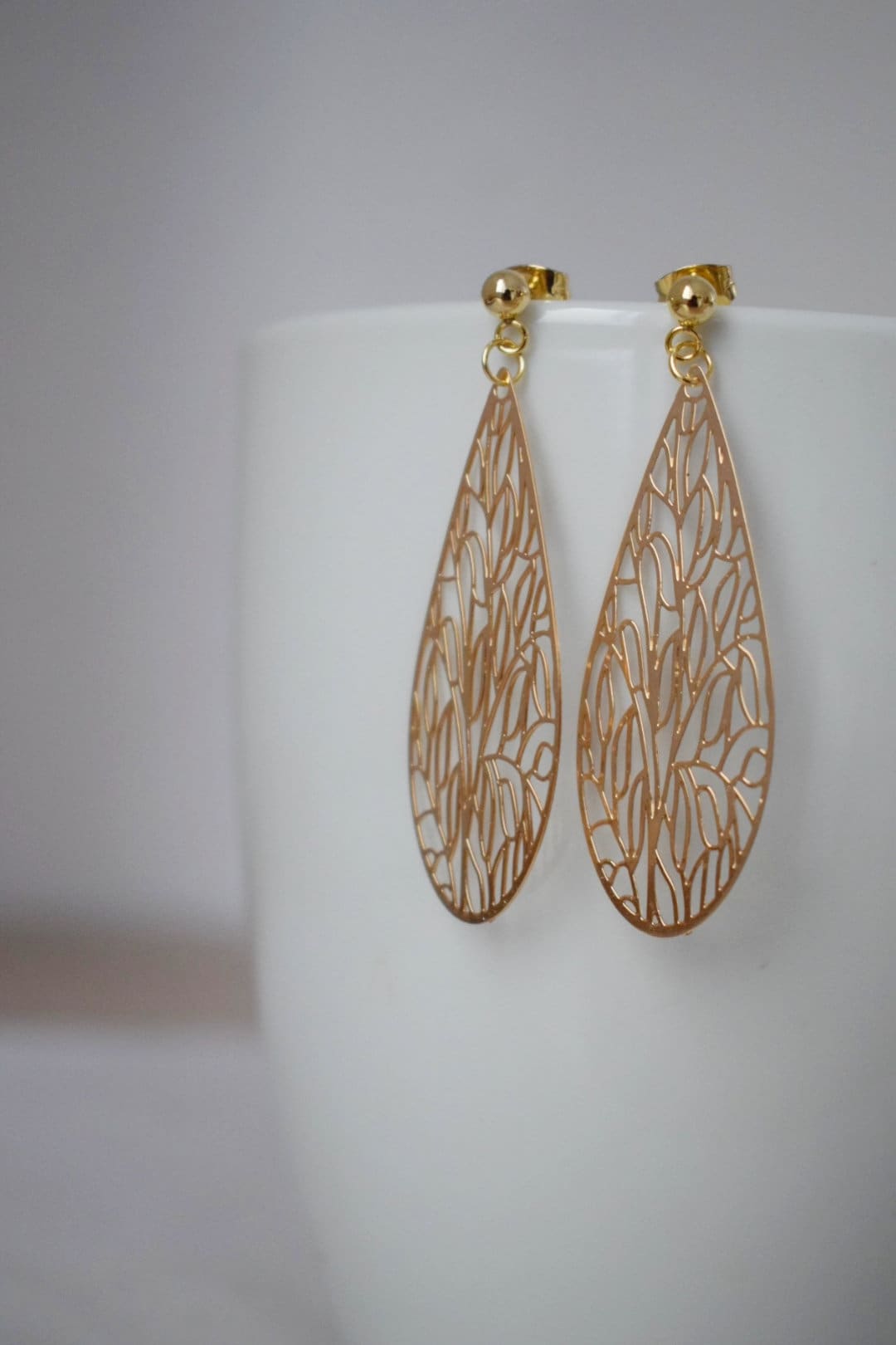 Ornament teardrop stud earrings for women, Gold plated stainless steel studs with filigree pendant, Boho jewelry, Unique gift for her