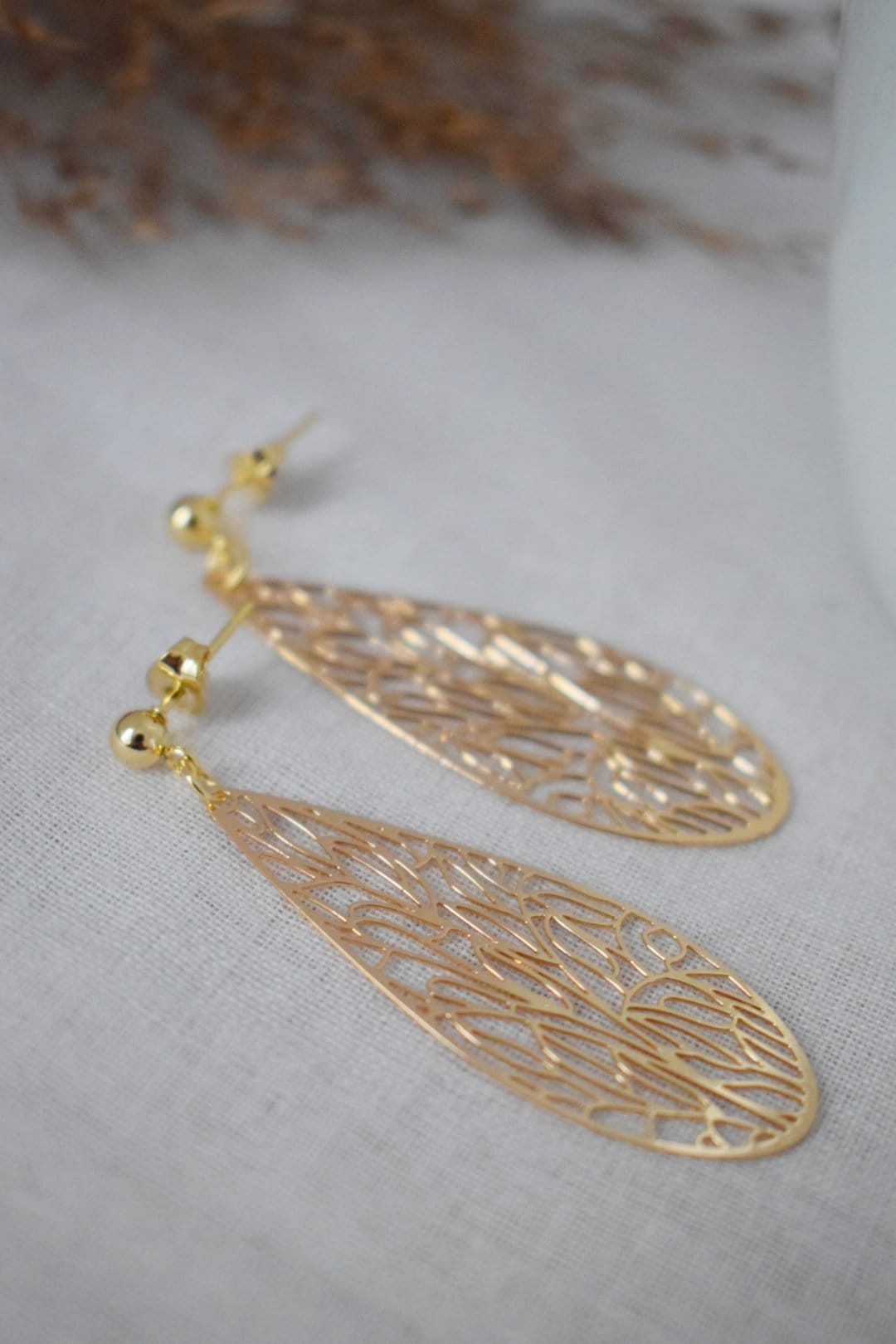 Ornament teardrop stud earrings for women, Gold plated stainless steel studs with filigree pendant, Boho jewelry, Unique gift for her