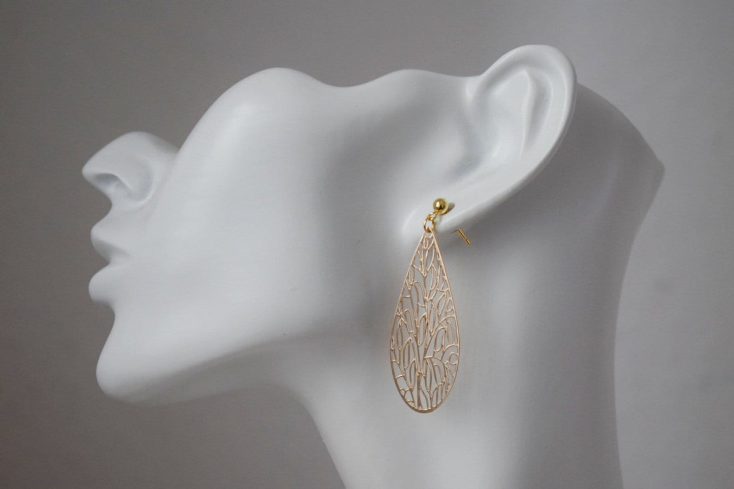 Ornament teardrop stud earrings for women, Gold plated stainless steel studs with filigree pendant, Boho jewelry, Unique gift for her