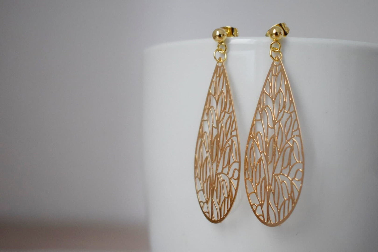 Ornament teardrop stud earrings for women, Gold plated stainless steel studs with filigree pendant, Boho jewelry, Unique gift for her