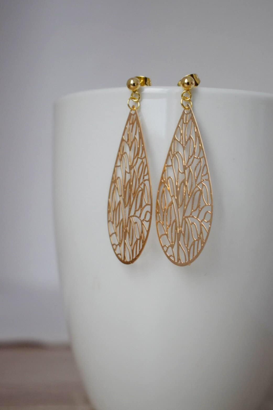 Ornament teardrop stud earrings for women, Gold plated stainless steel studs with filigree pendant, Boho jewelry, Unique gift for her