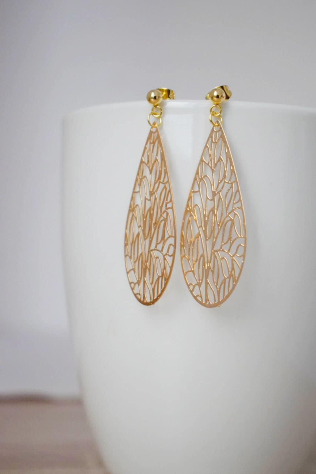 Ornament teardrop stud earrings for women, Gold plated stainless steel studs with filigree pendant, Boho jewelry, Unique gift for her