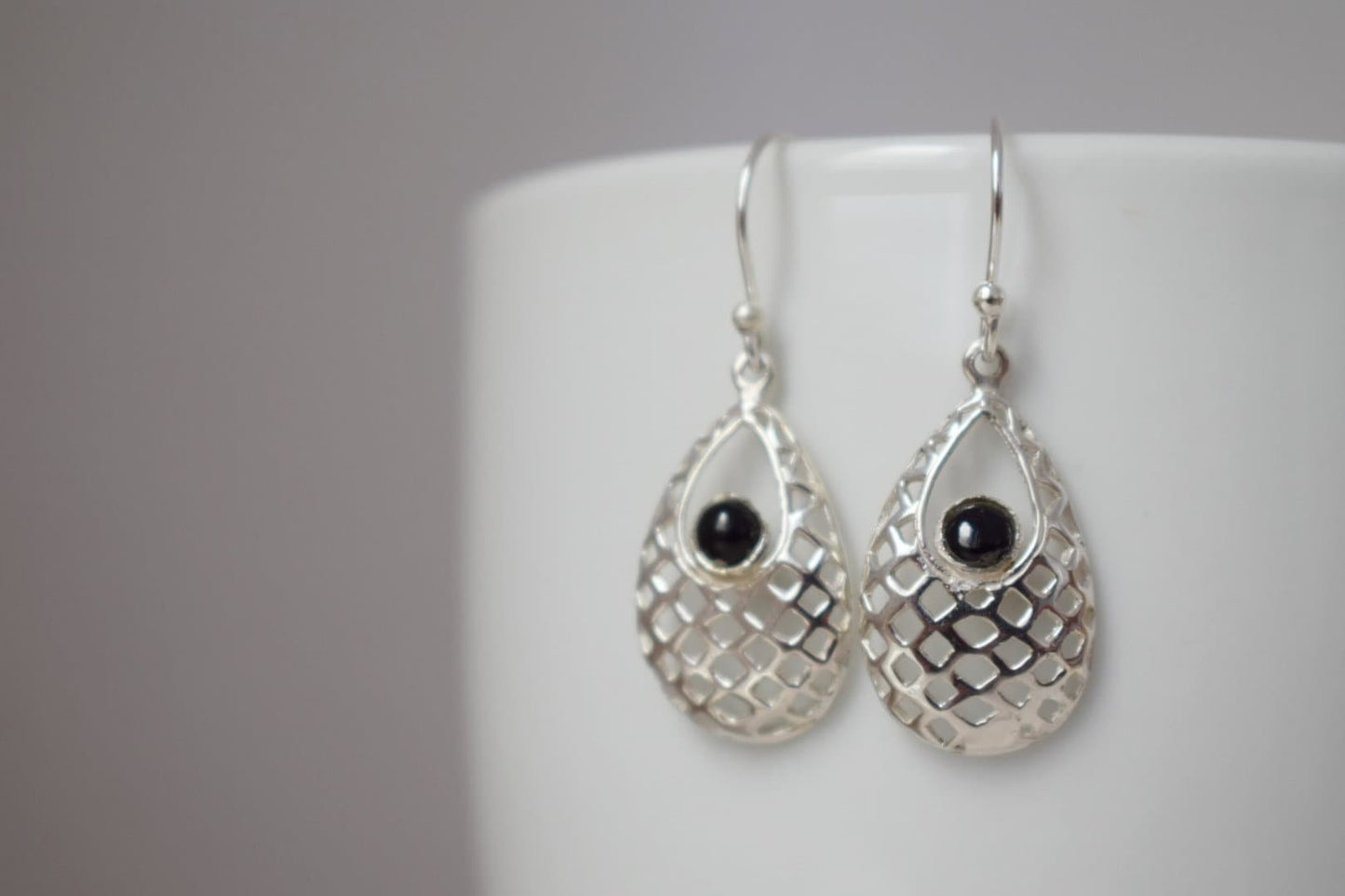 Black onyx dangle earrings with sterling silver teardrop ornament pendant and 925 silver earrings hooks, Boho gemstone jewelry, Gift for her