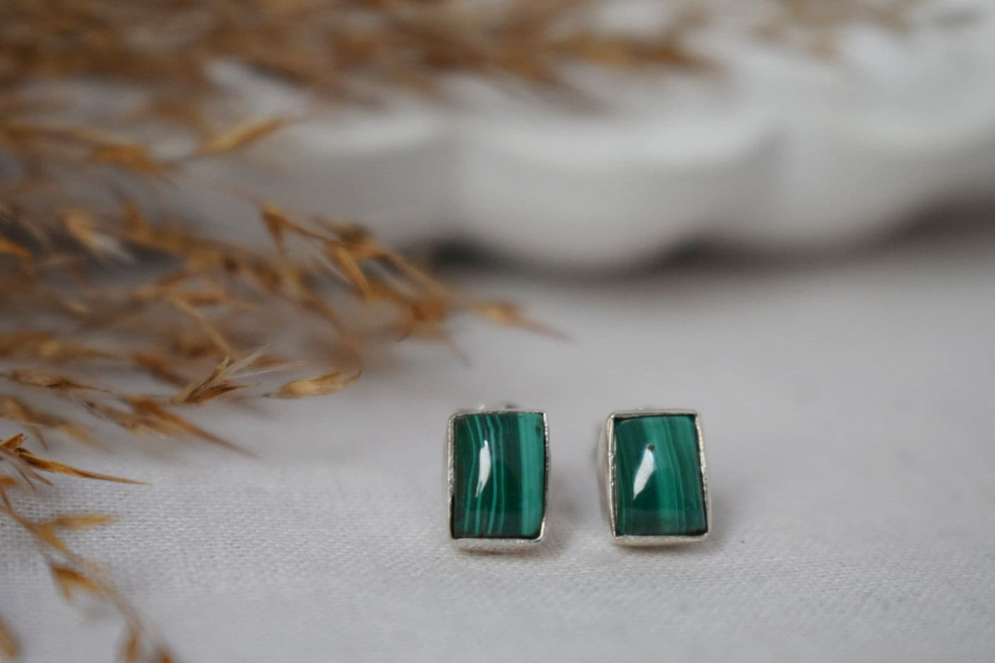 Small Natural Malachite Stud Earrings,  Sterling Silver Rectangle Post Earrings, Green Gemstone Birthstone, Handmade Silver Jewelry Gift her