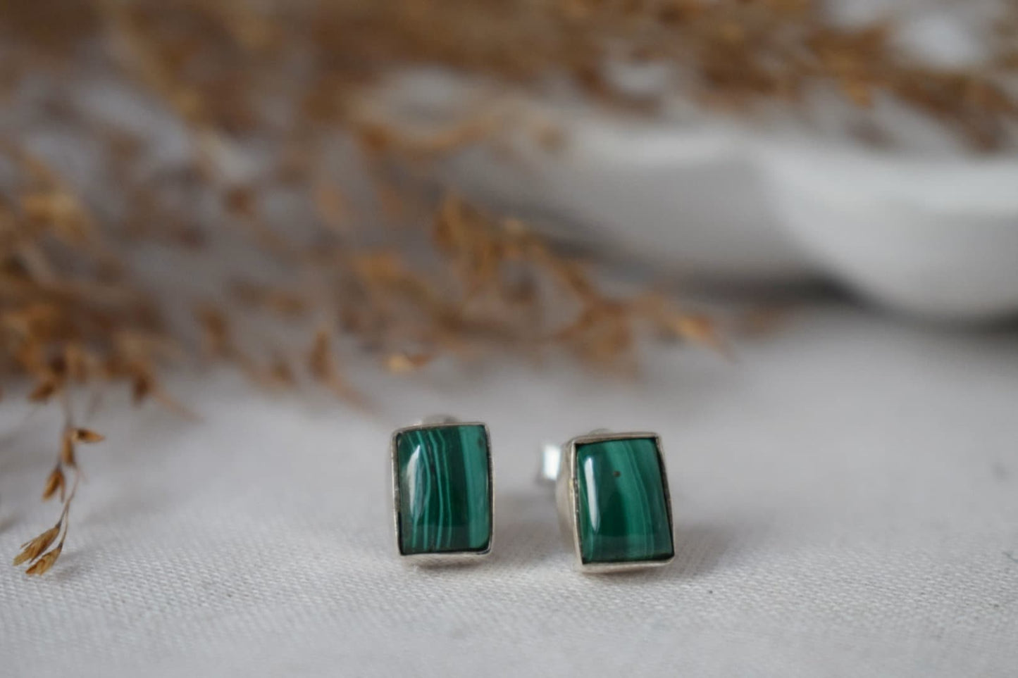 Small Natural Malachite Stud Earrings,  Sterling Silver Rectangle Post Earrings, Green Gemstone Birthstone, Handmade Silver Jewelry Gift her