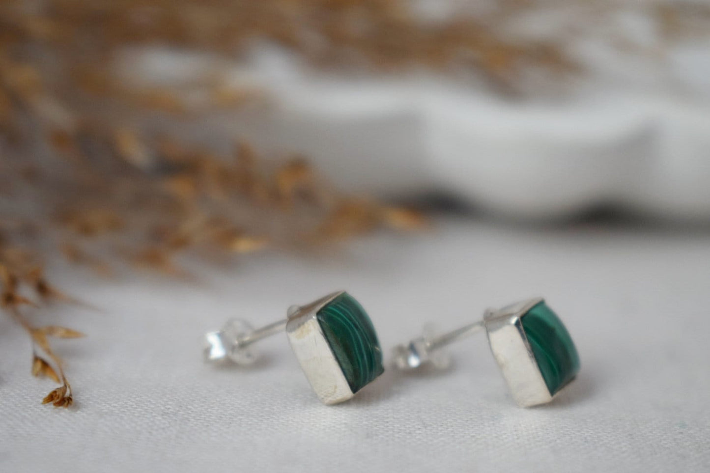 Small Natural Malachite Stud Earrings,  Sterling Silver Rectangle Post Earrings, Green Gemstone Birthstone, Handmade Silver Jewelry Gift her