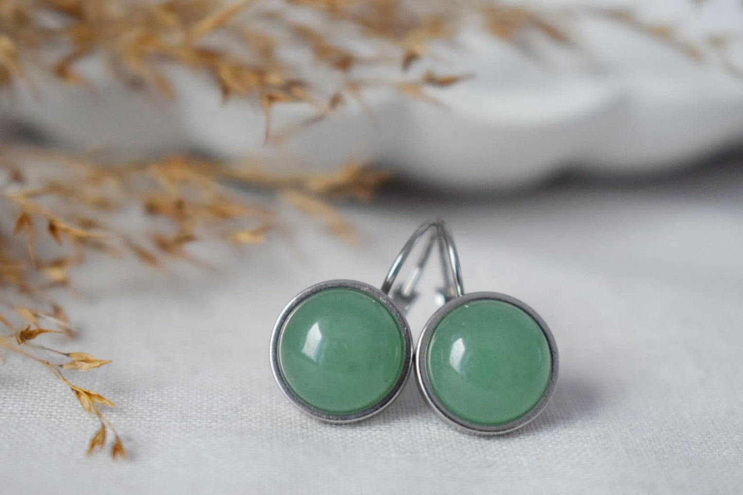 Aventurine dangle earrings, Small light green round gemstone, 8mm natural stone, Chakra, Birthstone jewelry gift