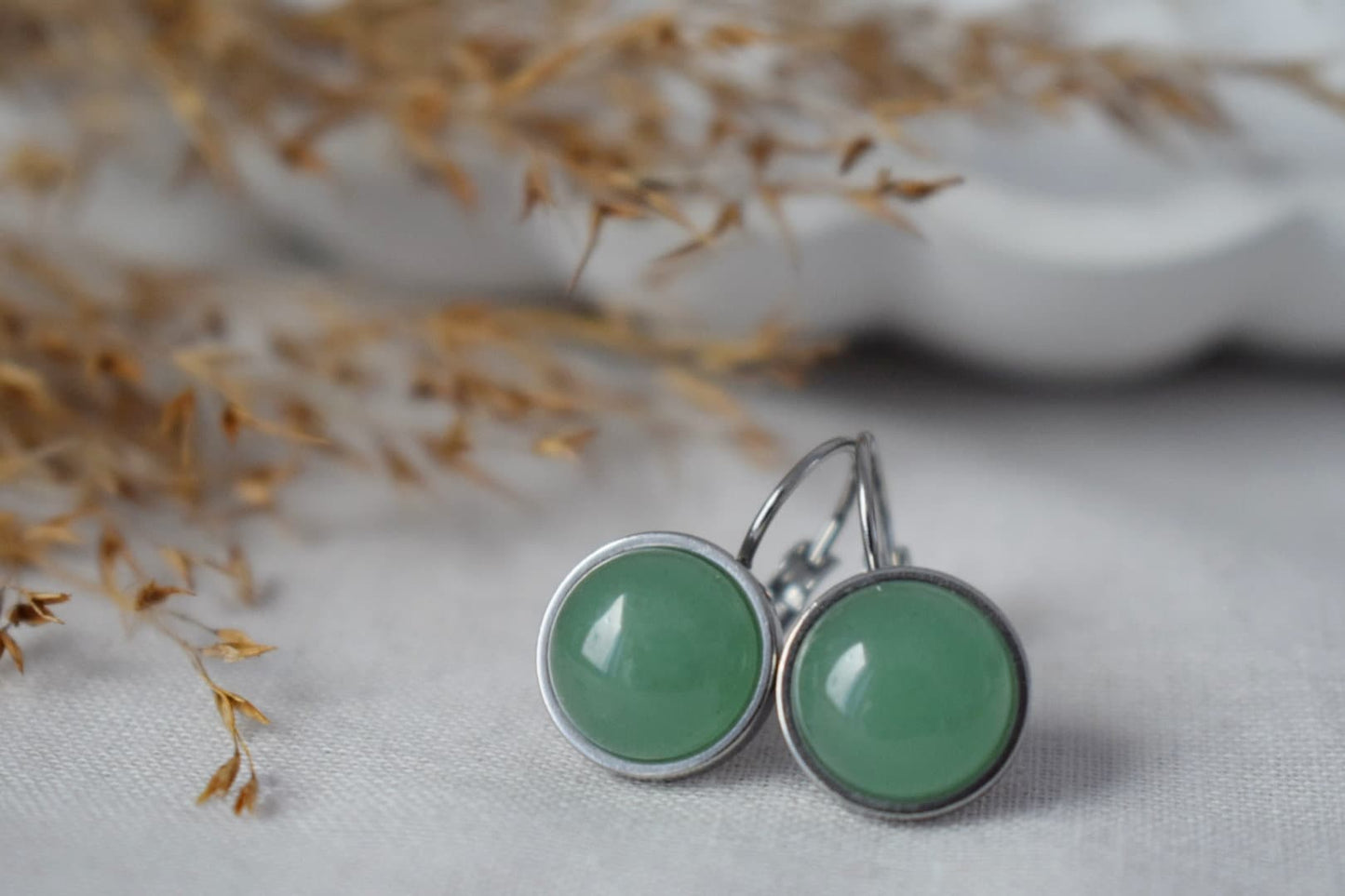 Aventurine dangle earrings, Small light green round gemstone, 8mm natural stone, Chakra, Birthstone jewelry gift