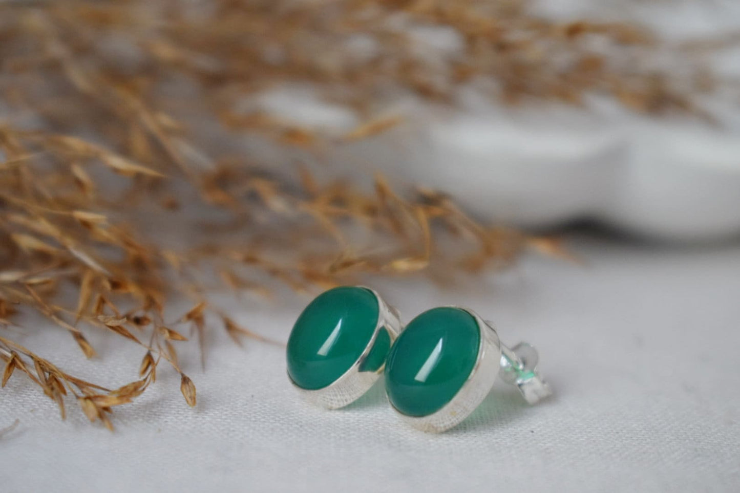 Green Onyx Stud Earrings Sterling Silver, Small Oval Gemstone Push Back Earrings, Birthstone 925 Silver Jewelry, Best Christmas gift