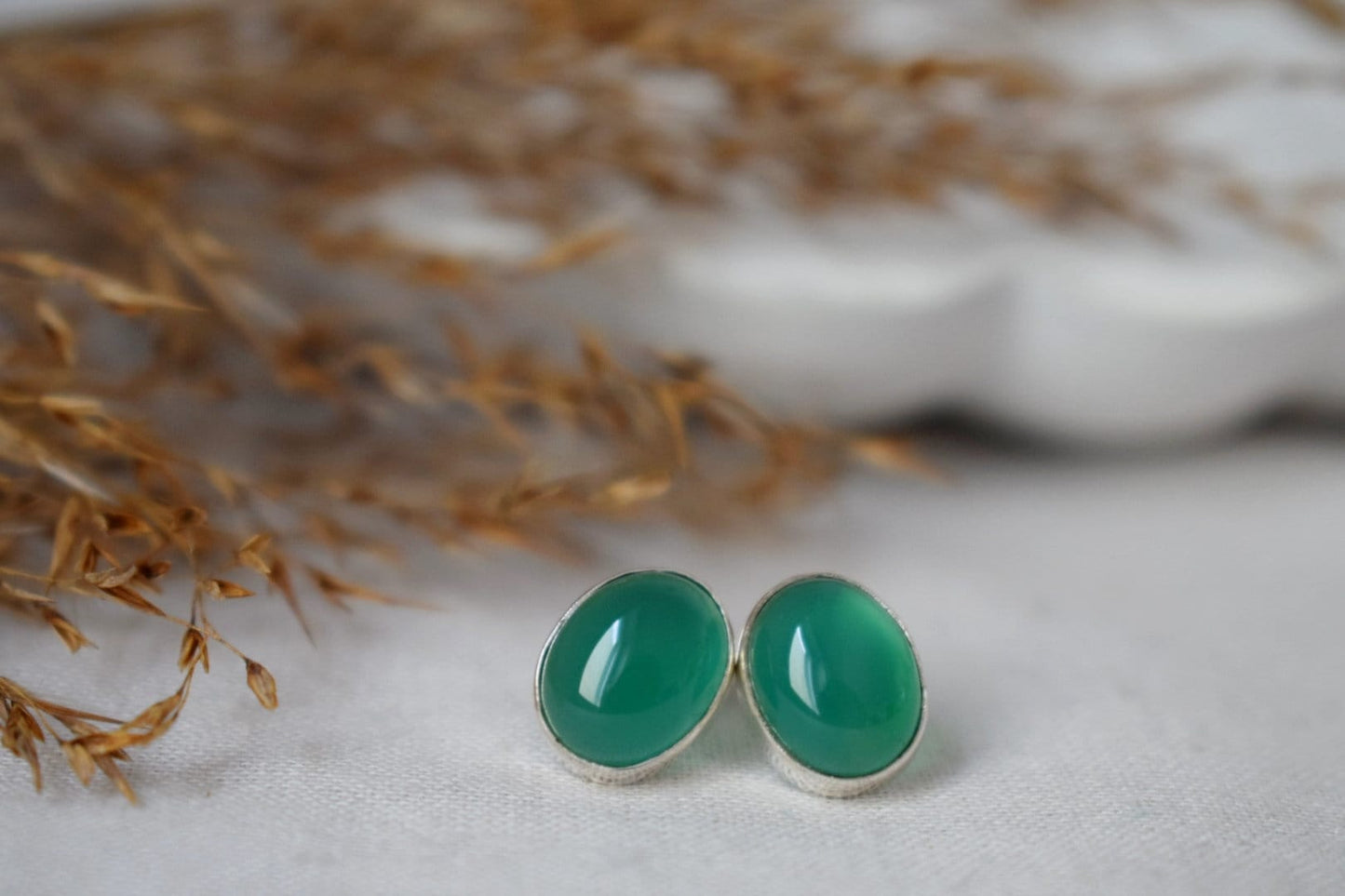 Green Onyx Stud Earrings Sterling Silver, Small Oval Gemstone Push Back Earrings, Birthstone 925 Silver Jewelry, Best Christmas gift