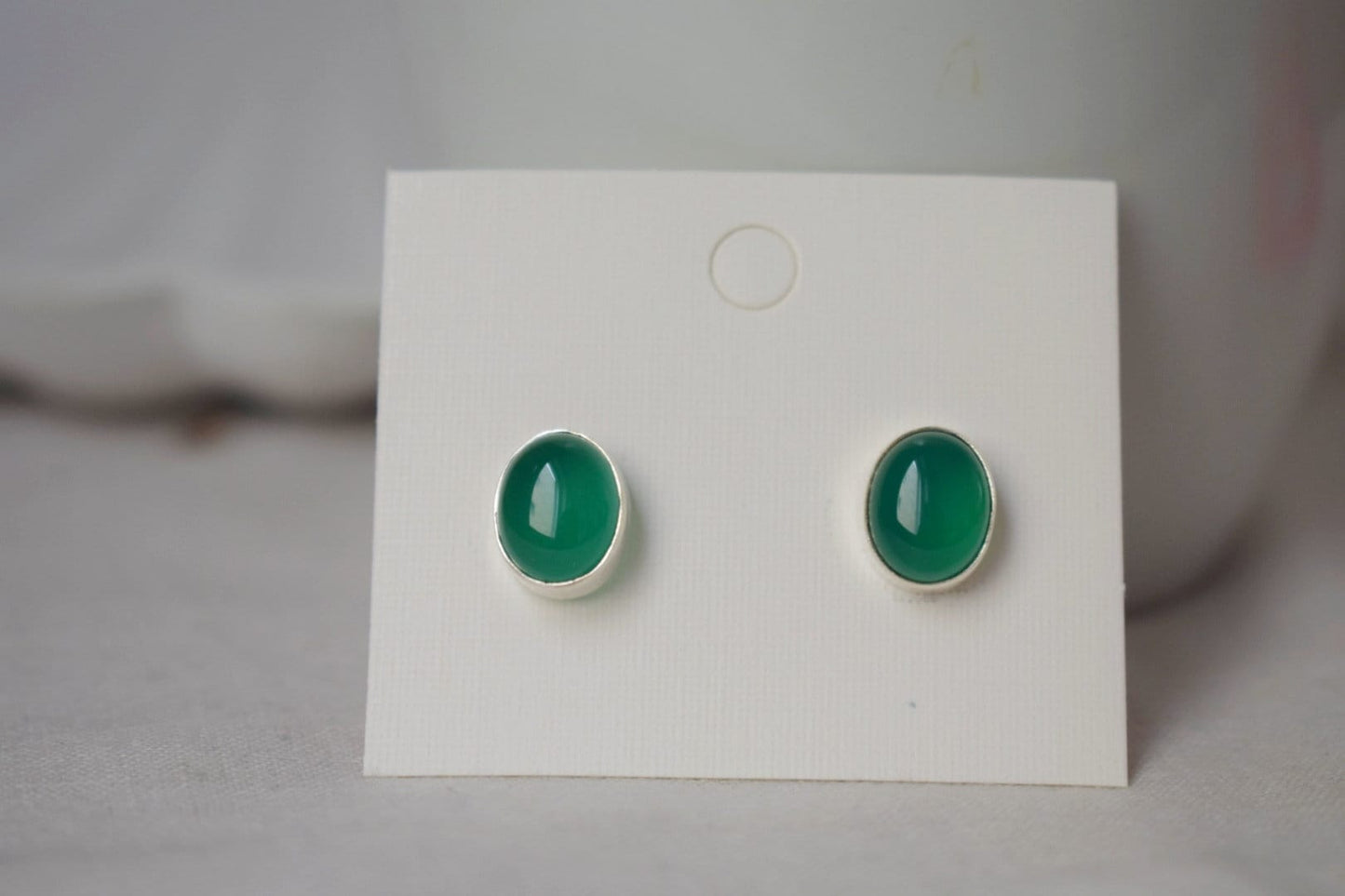 Green Onyx Stud Earrings Sterling Silver, Small Oval Gemstone Push Back Earrings, Birthstone 925 Silver Jewelry, Best Christmas gift