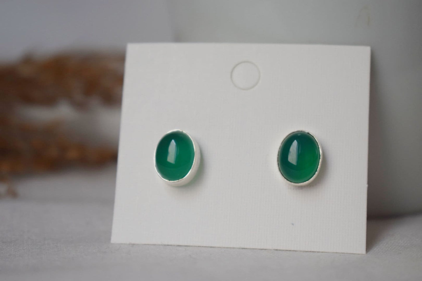 Green Onyx Stud Earrings Sterling Silver, Small Oval Gemstone Push Back Earrings, Birthstone 925 Silver Jewelry, Best Christmas gift