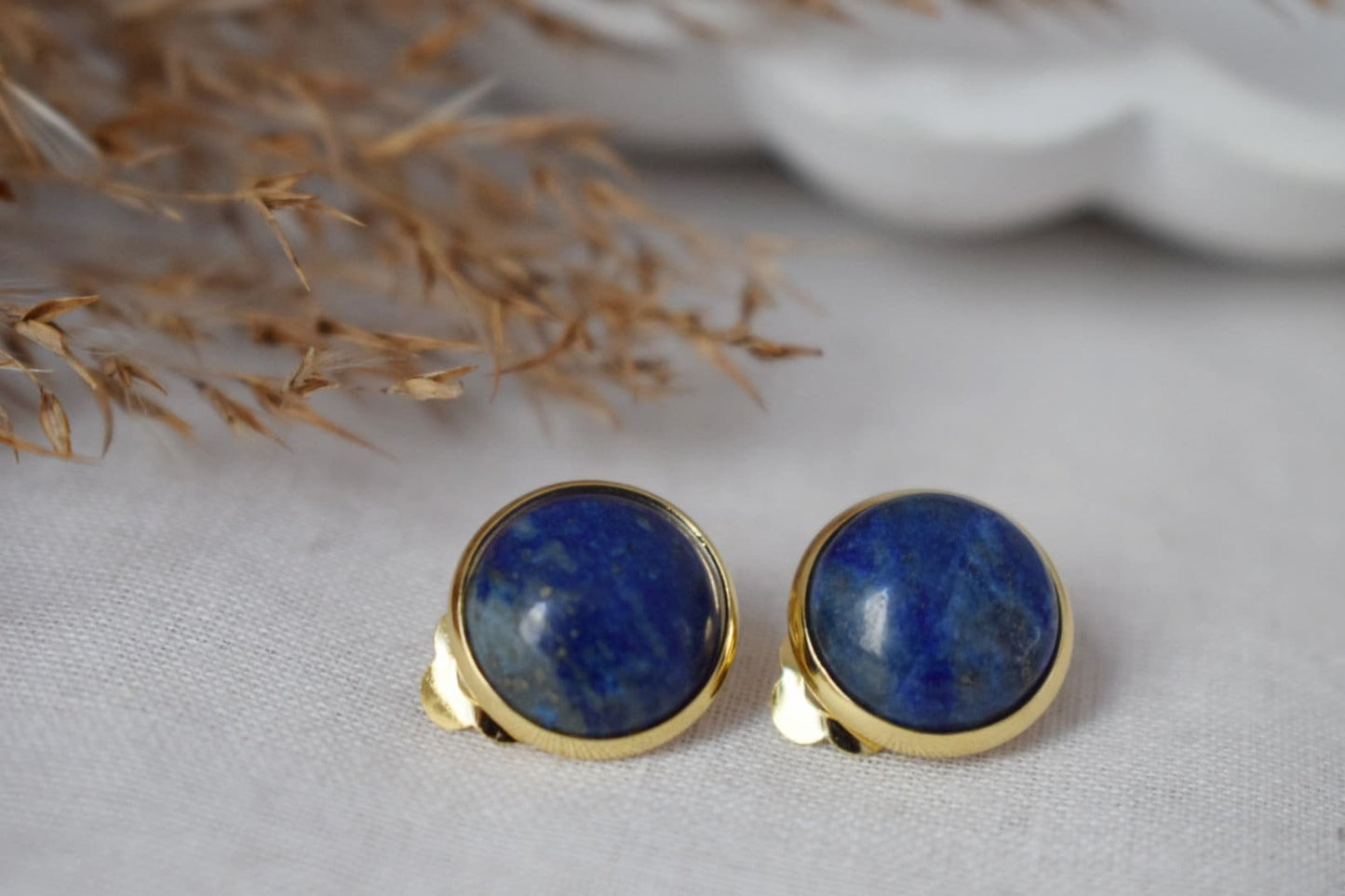 Gold plated clip on earrings lapis lazuli, Clip on earrings blue gemstone, Stainless steel, Round ear clips for women, Non pierced earrings