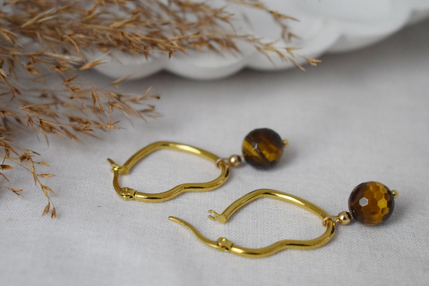 Tiger eye earrings with gold plated stainless steel heart hoops, Gemstone bead pendant, Unique jewelry gift, Best christmas gift