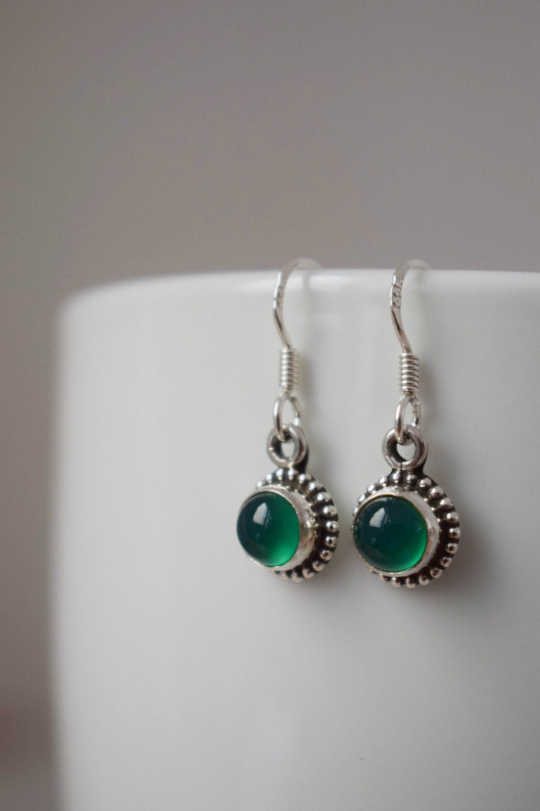 Green onyx earrings, 925 sterling silver jewelry, Round natural gemstone, Ornament boho earrings, Unique best mothers day gift for her