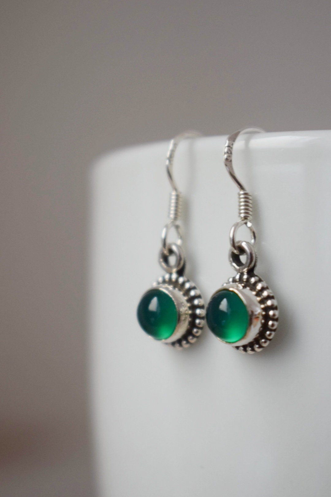 Green onyx earrings, 925 sterling silver jewelry, Round natural gemstone, Ornament boho earrings, Unique best mothers day gift for her