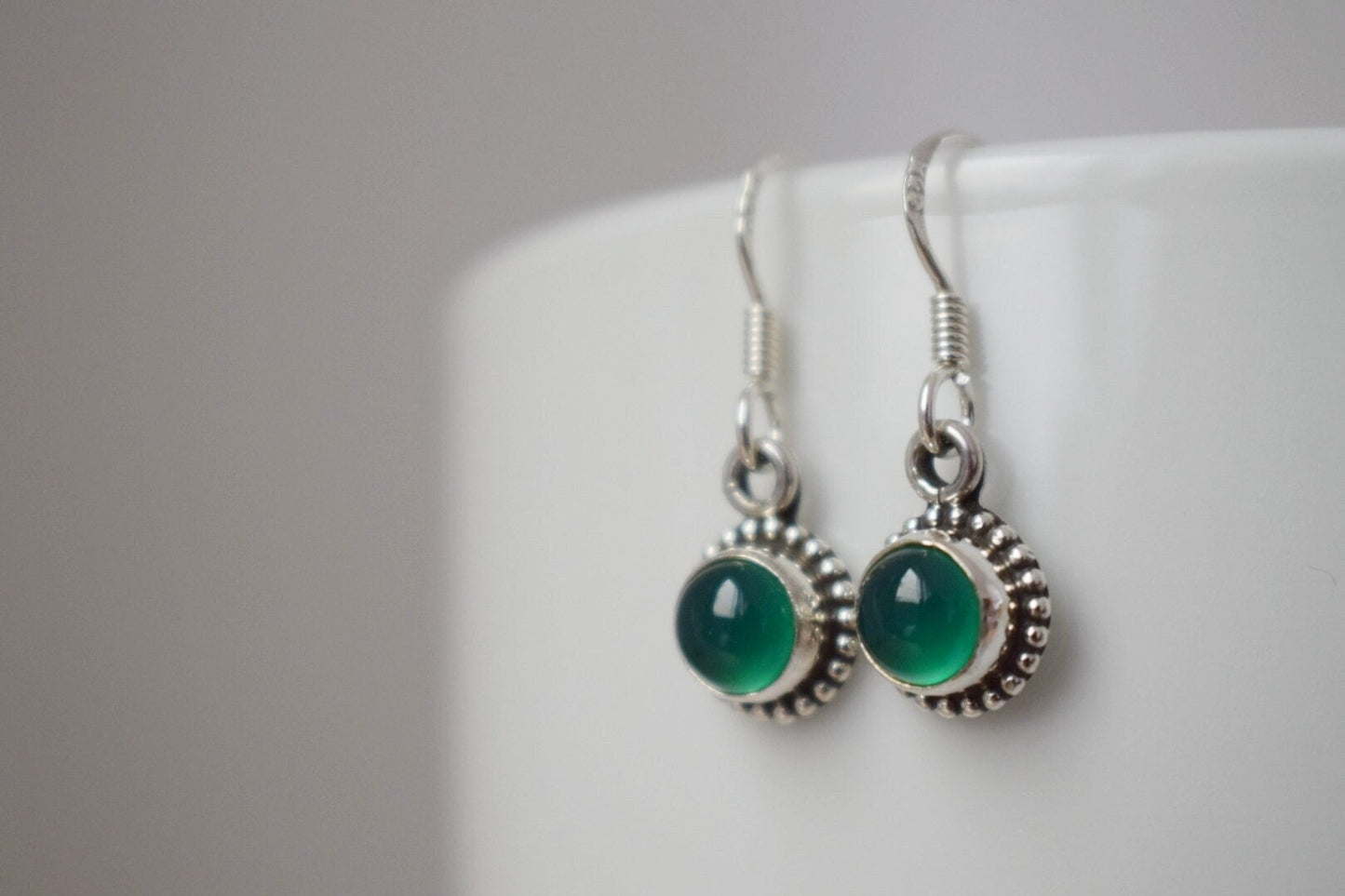Green onyx earrings, 925 sterling silver jewelry, Round natural gemstone, Ornament boho earrings, Unique best mothers day gift for her