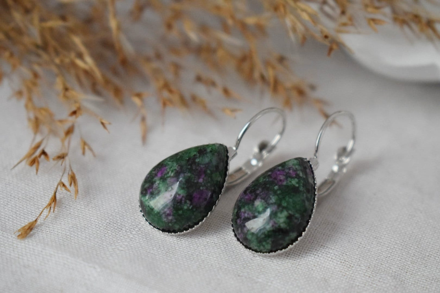 Ruby In Zoisite Earrings, Green Teardrop Gemstone Lever Back Earrings, Ruby Fuchsite, Hanging Earrings, Jewelry GiftBest christmas gift