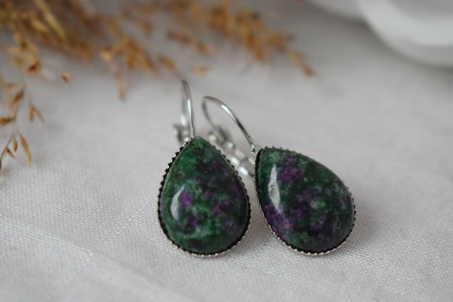Ruby In Zoisite Earrings, Green Teardrop Gemstone Lever Back Earrings, Ruby Fuchsite, Hanging Earrings, Jewelry GiftBest christmas gift