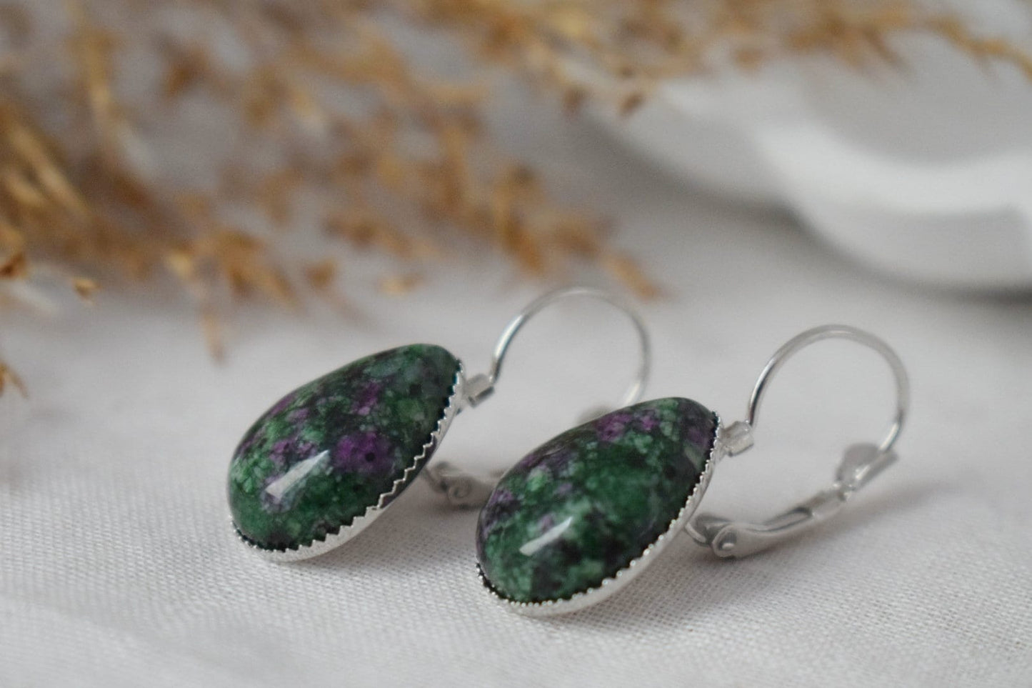 Ruby In Zoisite Earrings, Green Teardrop Gemstone Lever Back Earrings, Ruby Fuchsite, Hanging Earrings, Jewelry GiftBest christmas gift