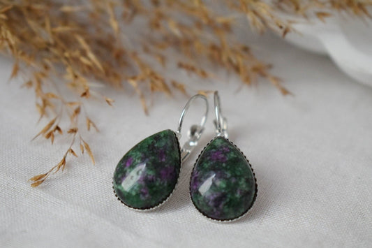 Ruby In Zoisite Earrings, Green Teardrop Gemstone Lever Back Earrings, Ruby Fuchsite, Hanging Earrings, Jewelry GiftBest christmas gift
