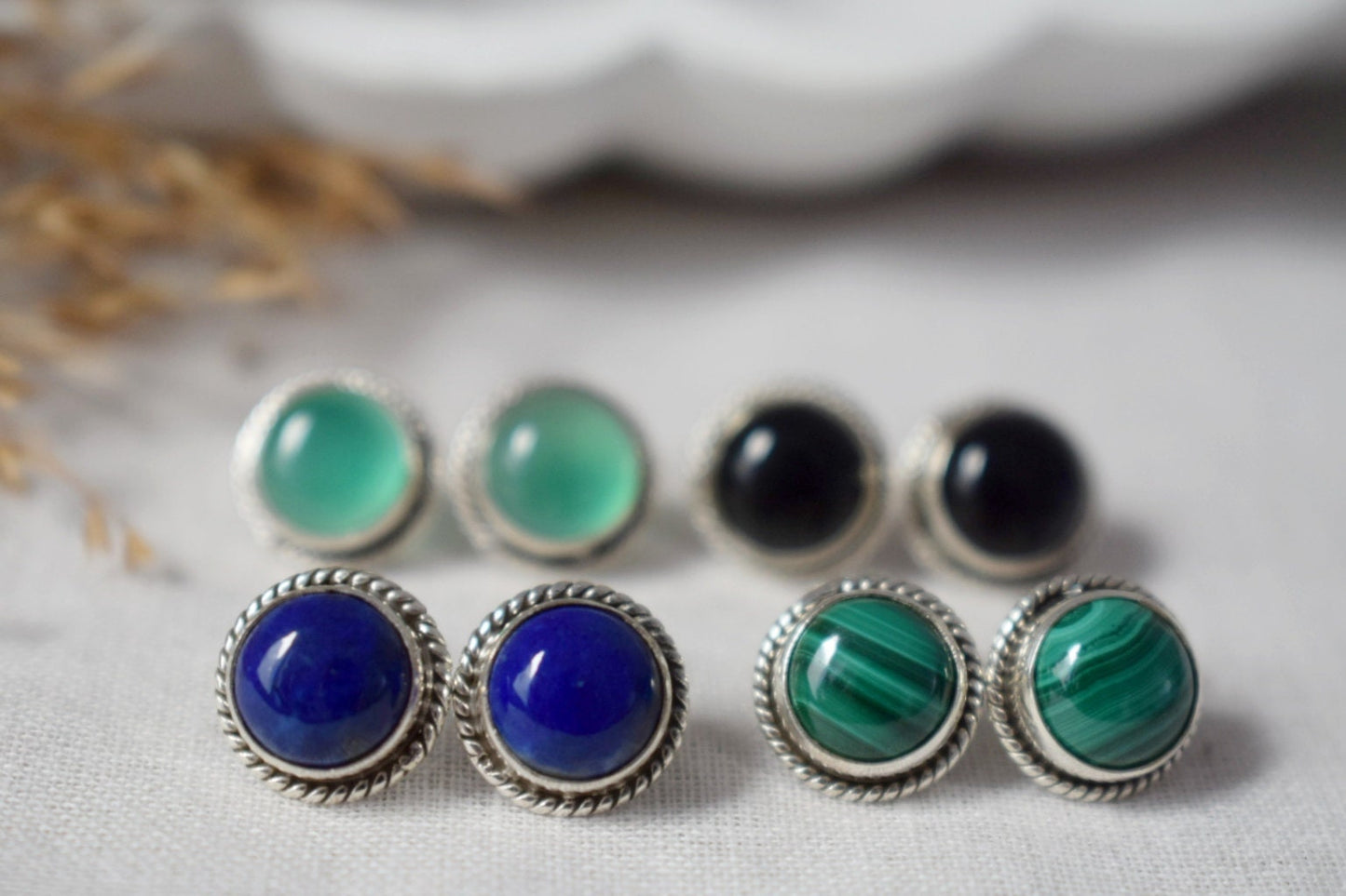 Natural Malachite Stud Earrings, 925 Sterling Silver Ornament Studs, Round Green Gemstone, Birthstone Jewelry, Handmade Gift for Her