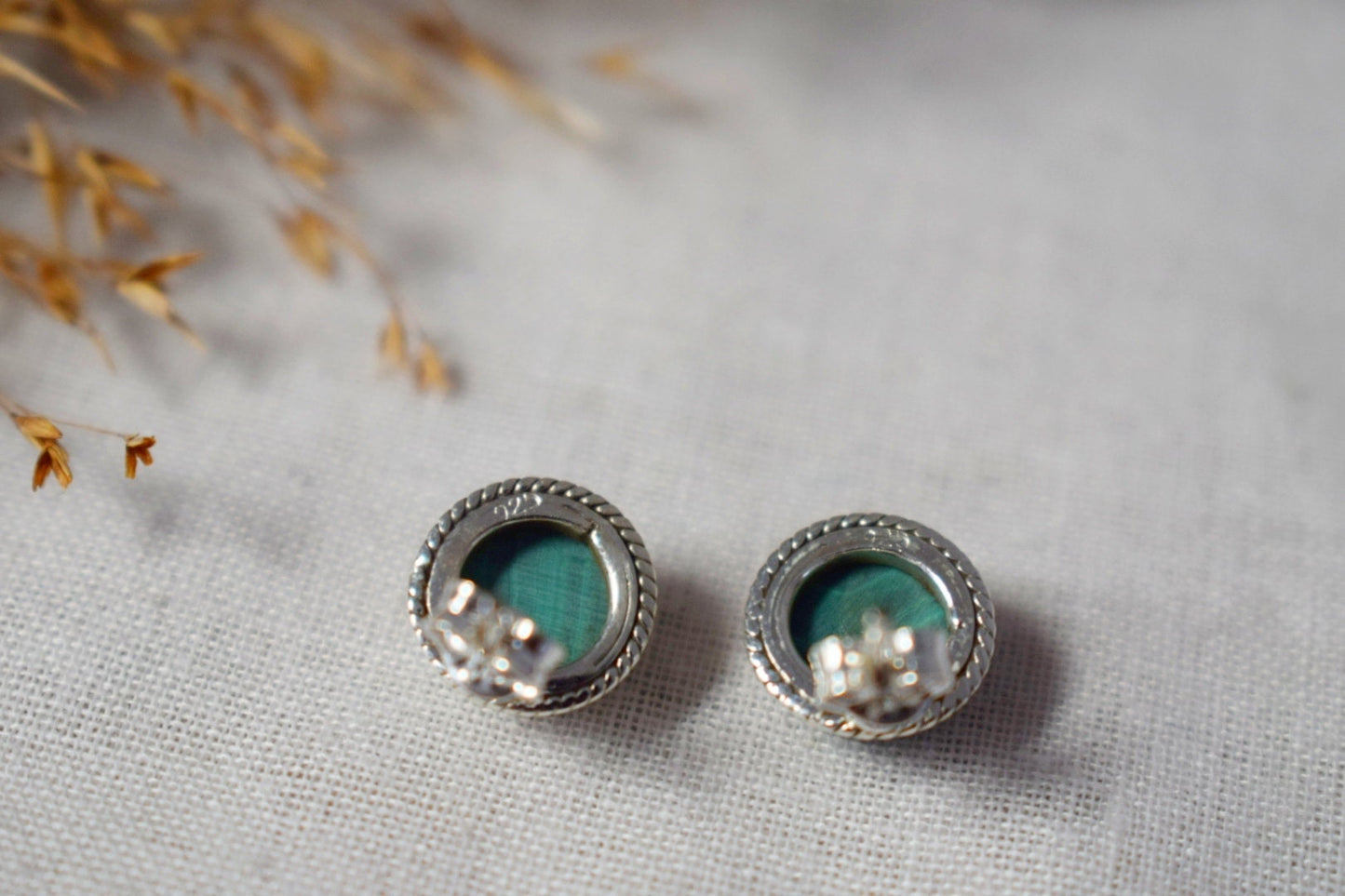 Natural Malachite Stud Earrings, 925 Sterling Silver Ornament Studs, Round Green Gemstone, Birthstone Jewelry, Handmade Gift for Her
