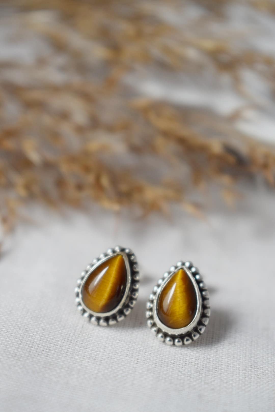 Teardrop Tiger's Eye Stud Earrings, 925 Sterling Silver, Small Brown Gemstone Jewelry, Natural Healing Chakra Stone, Handmade jewelry gift