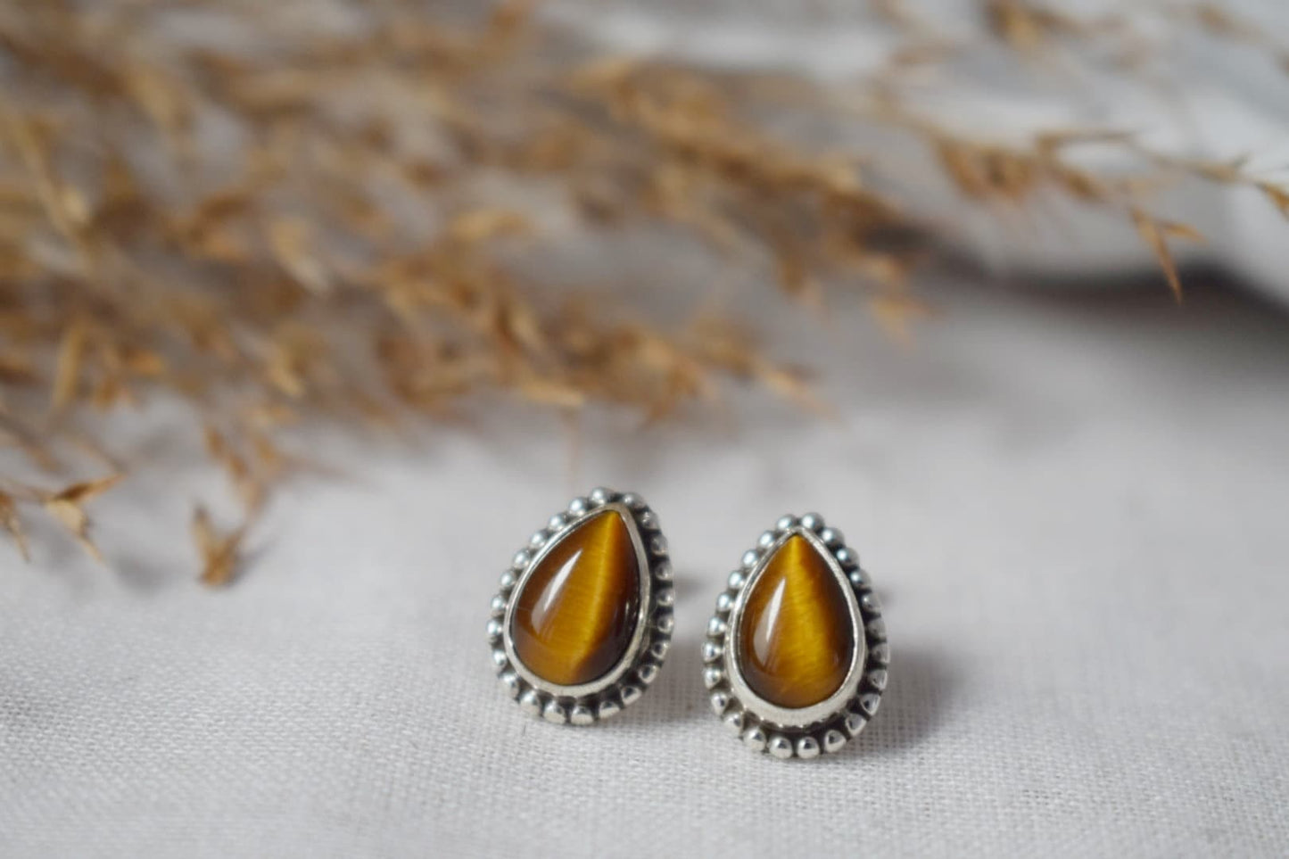 Teardrop Tiger's Eye Stud Earrings, 925 Sterling Silver, Small Brown Gemstone Jewelry, Natural Healing Chakra Stone, Handmade jewelry gift