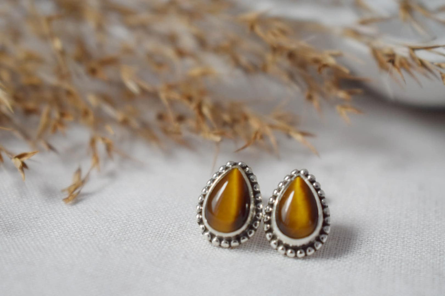 Teardrop Tiger's Eye Stud Earrings, 925 Sterling Silver, Small Brown Gemstone Jewelry, Natural Healing Chakra Stone, Handmade jewelry gift
