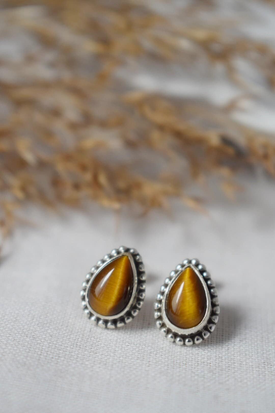 Teardrop Tiger's Eye Stud Earrings, 925 Sterling Silver, Small Brown Gemstone Jewelry, Natural Healing Chakra Stone, Handmade jewelry gift