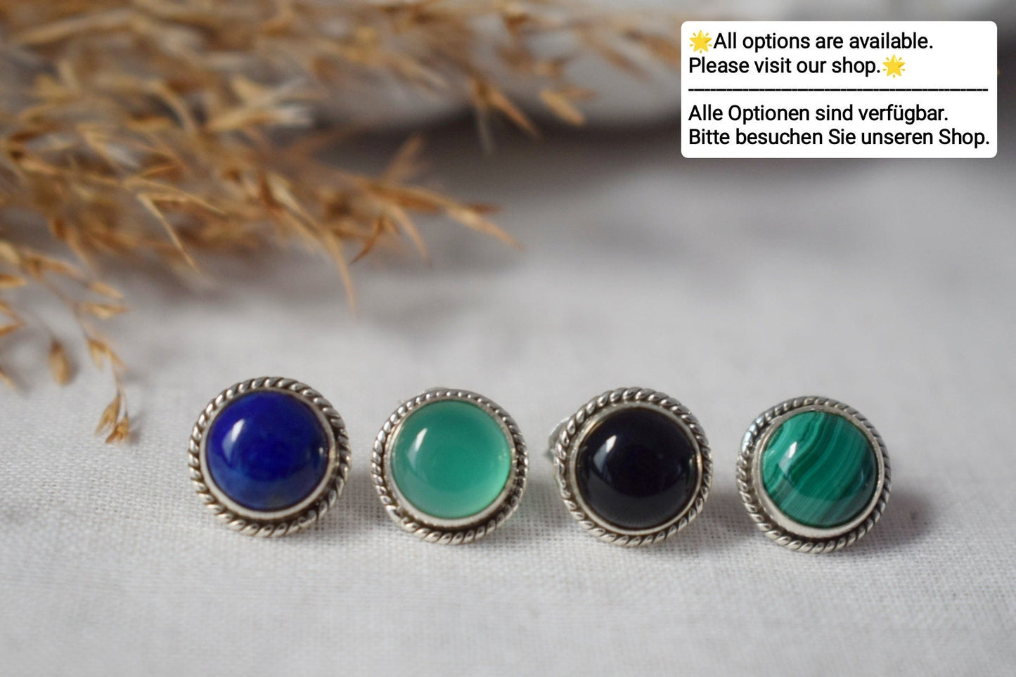 Natural Malachite Stud Earrings, 925 Sterling Silver Ornament Studs, Round Green Gemstone, Birthstone Jewelry, Handmade Gift for Her