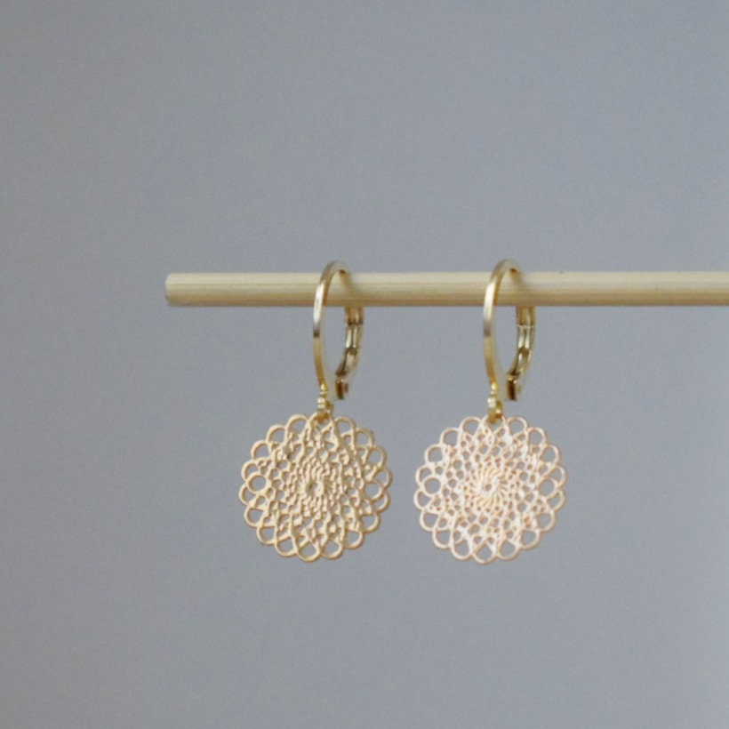 Ornament earrings for women, Mandala huggie hoops, Stainless steel earrings, Boho filigree gold earrings, Mandala jewelry, Gift for her