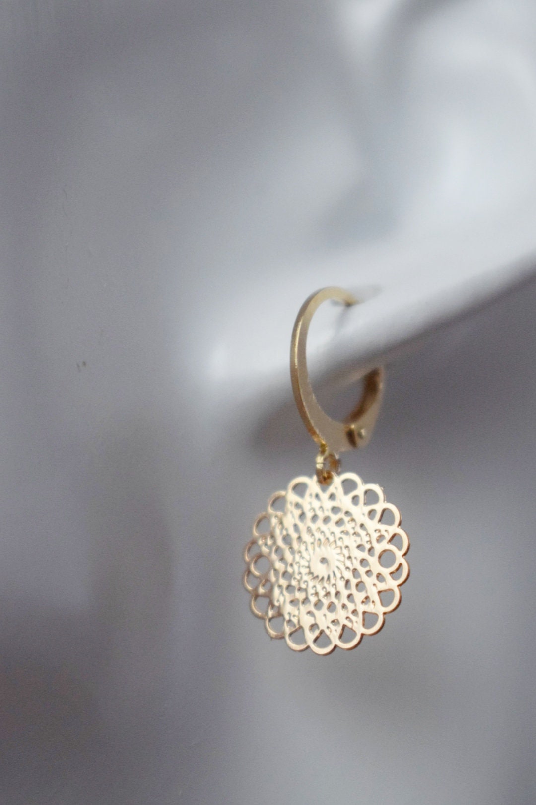 Ornament earrings for women, Mandala huggie hoops, Stainless steel earrings, Boho filigree gold earrings, Mandala jewelry, Gift for her