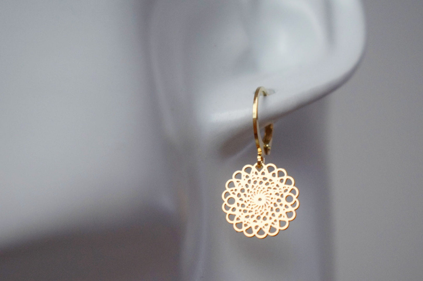 Ornament earrings for women, Mandala huggie hoops, Stainless steel earrings, Boho filigree gold earrings, Mandala jewelry, Gift for her