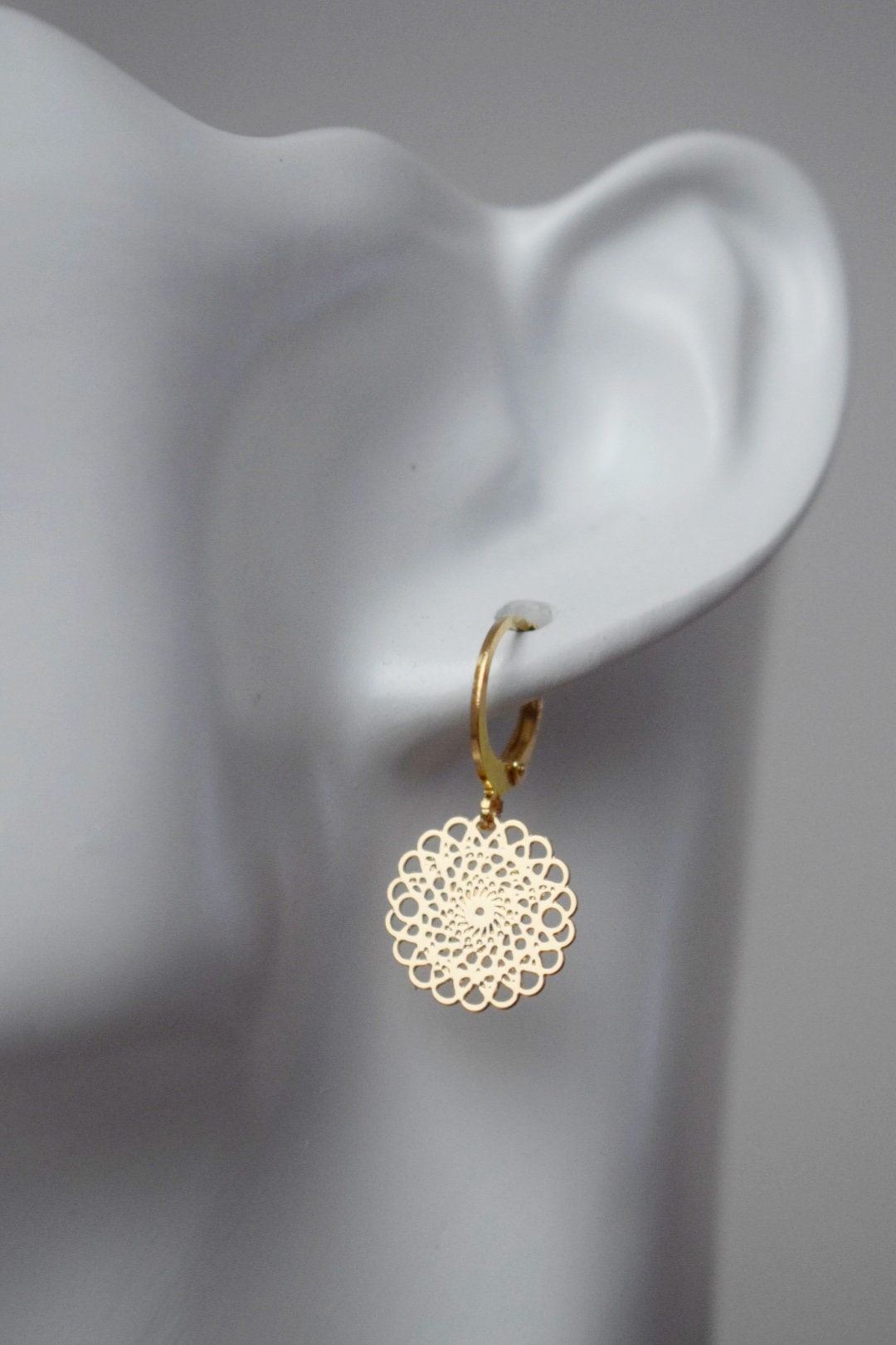 Ornament earrings for women, Mandala huggie hoops, Stainless steel earrings, Boho filigree gold earrings, Mandala jewelry, Gift for her
