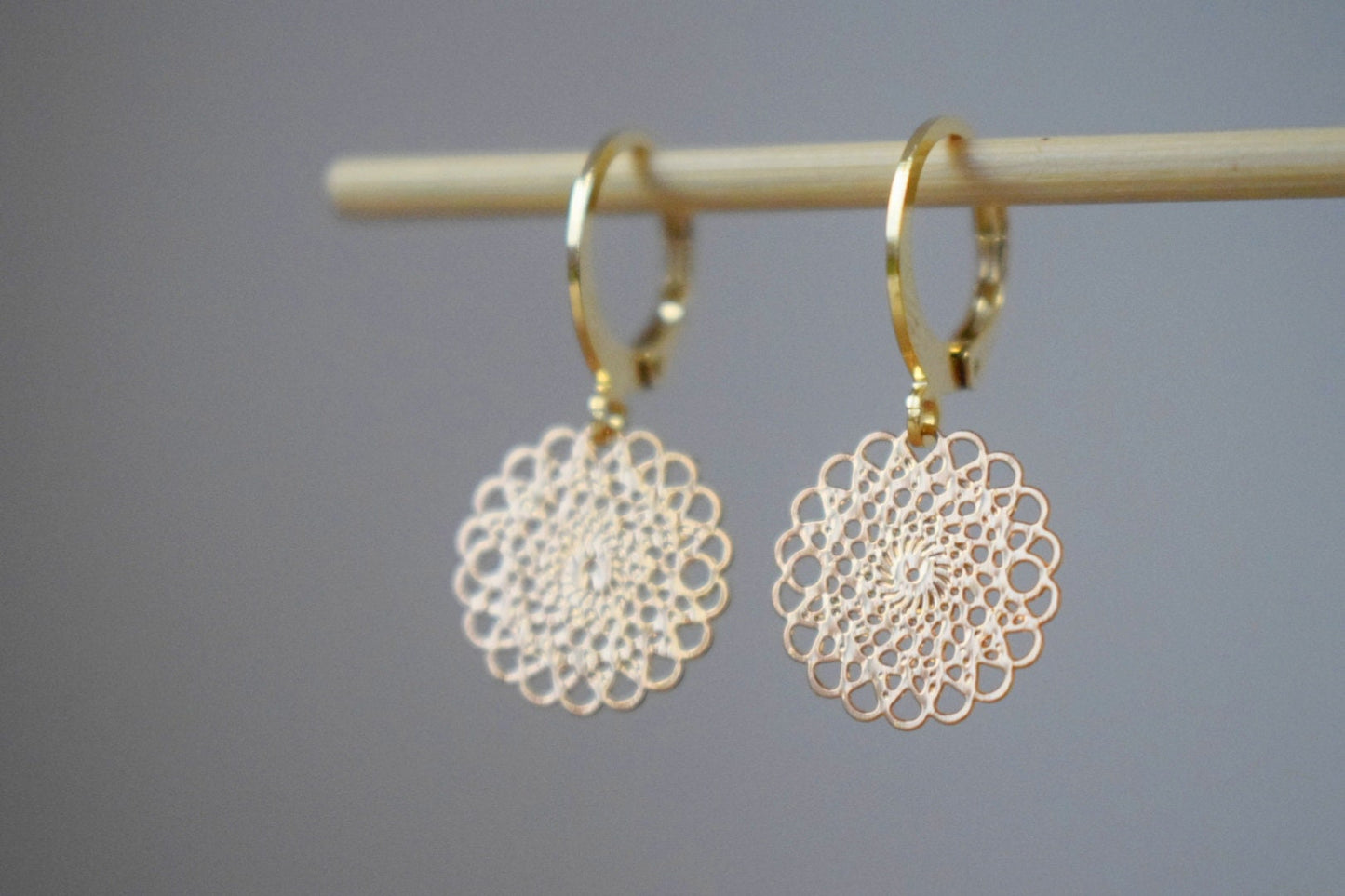 Ornament earrings for women, Mandala huggie hoops, Stainless steel earrings, Boho filigree gold earrings, Mandala jewelry, Gift for her