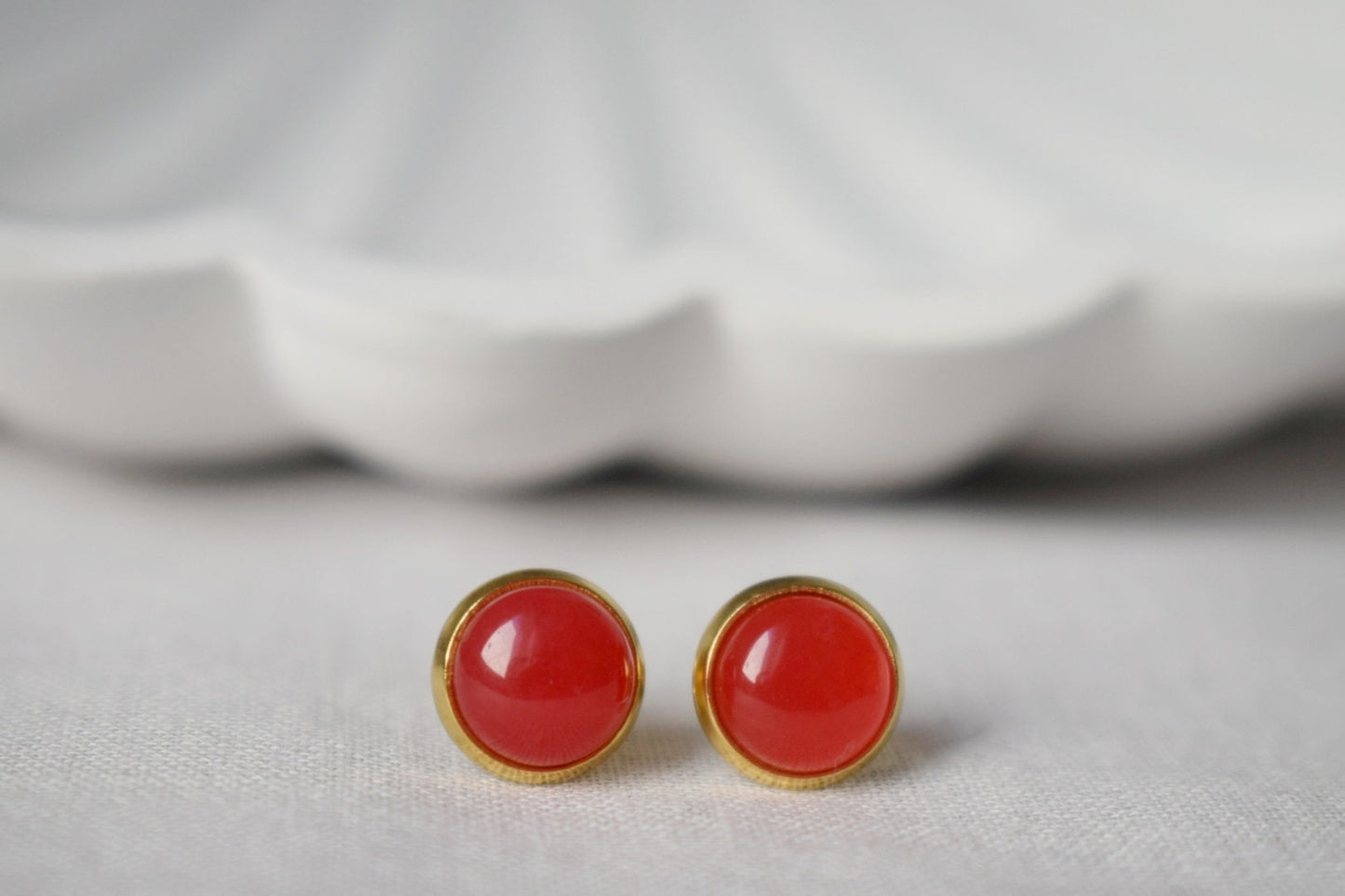 Red Jade Stud Earrings, 18k Gold Plated, 8mm Round Gemstone Earrings, Small Red Studs, Minimalist Jewelry, Birthday Anniversary Gift For Her