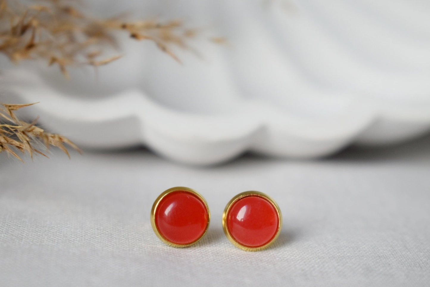 Red Jade Stud Earrings, 18k Gold Plated, 8mm Round Gemstone Earrings, Small Red Studs, Minimalist Jewelry, Birthday Anniversary Gift For Her