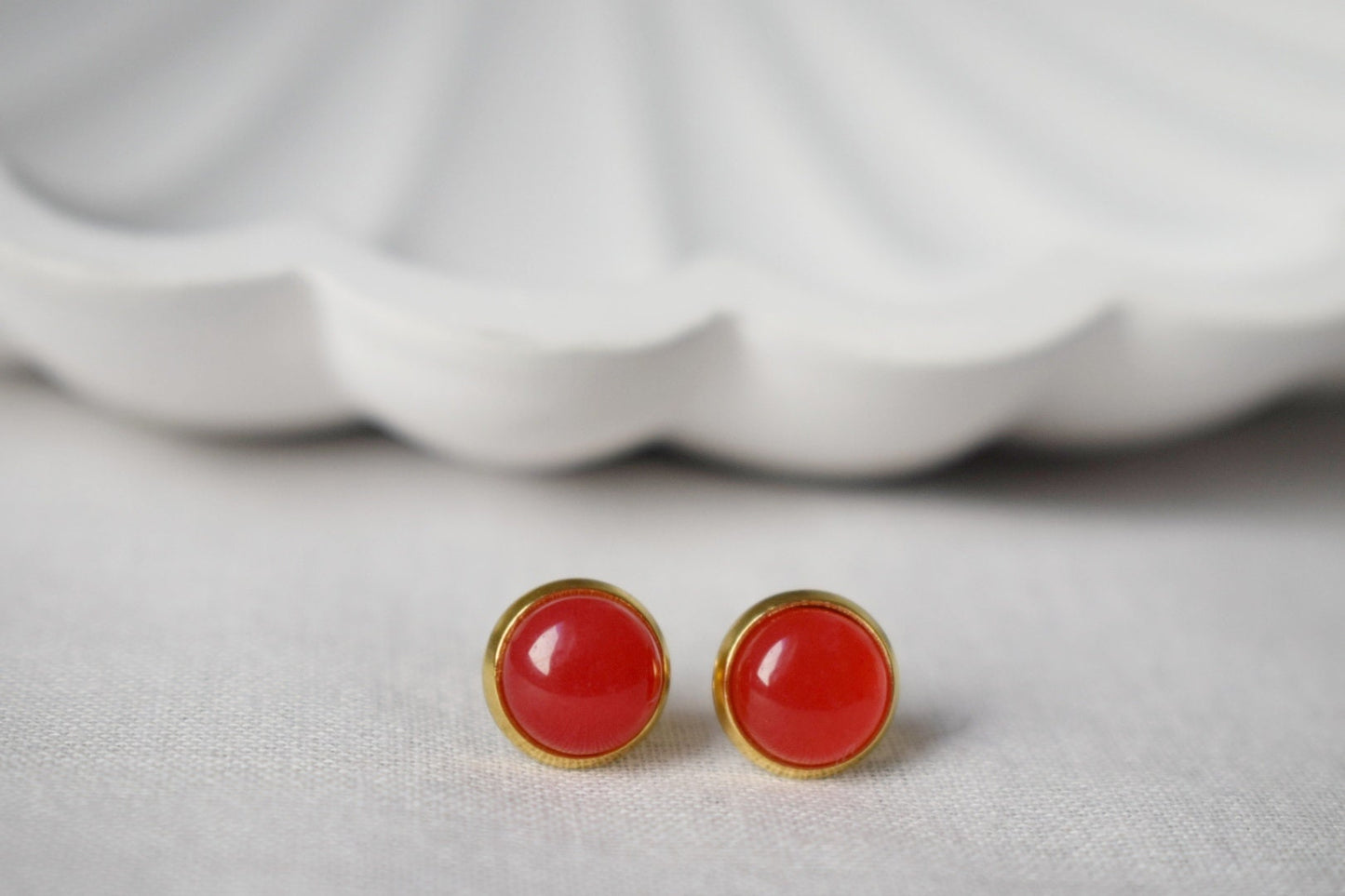 Red Jade Stud Earrings, 18k Gold Plated, 8mm Round Gemstone Earrings, Small Red Studs, Minimalist Jewelry, Birthday Anniversary Gift For Her