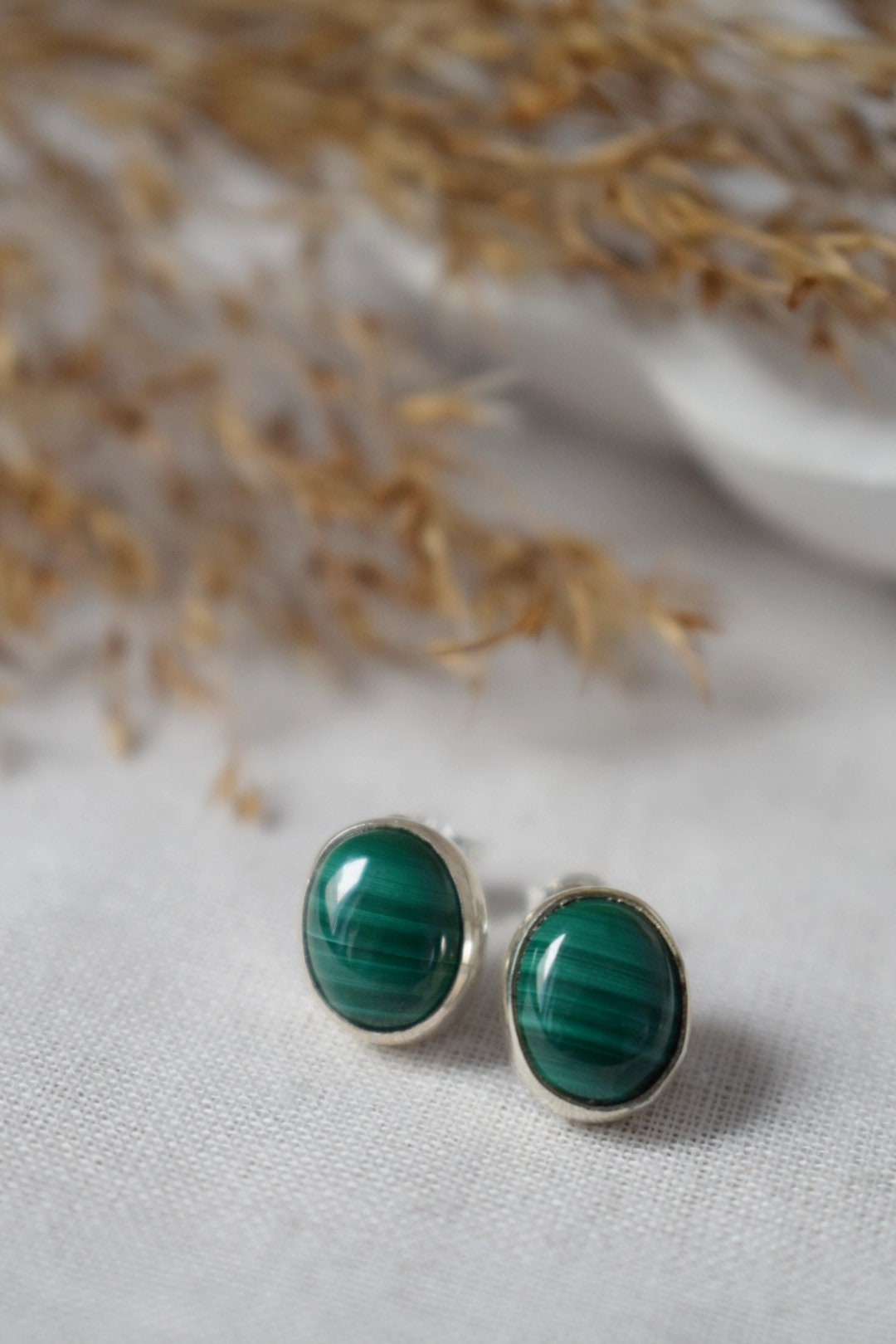 Christmas jewelry gifts, Malachite Stud Earrings, Green Gemstone, Sterling Silver Minimalist Jewelry, Natural stone, Birthstone, Gift For Women