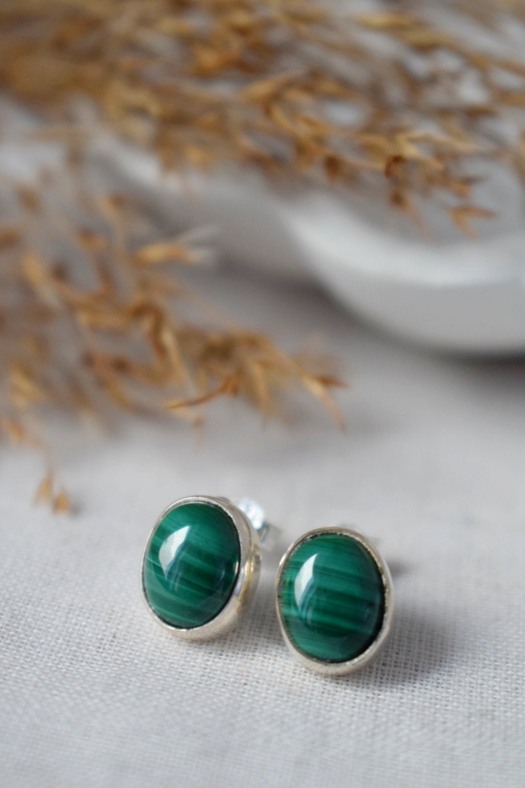 Christmas jewelry gifts, Malachite Stud Earrings, Green Gemstone, Sterling Silver Minimalist Jewelry, Natural stone, Birthstone, Gift For Women